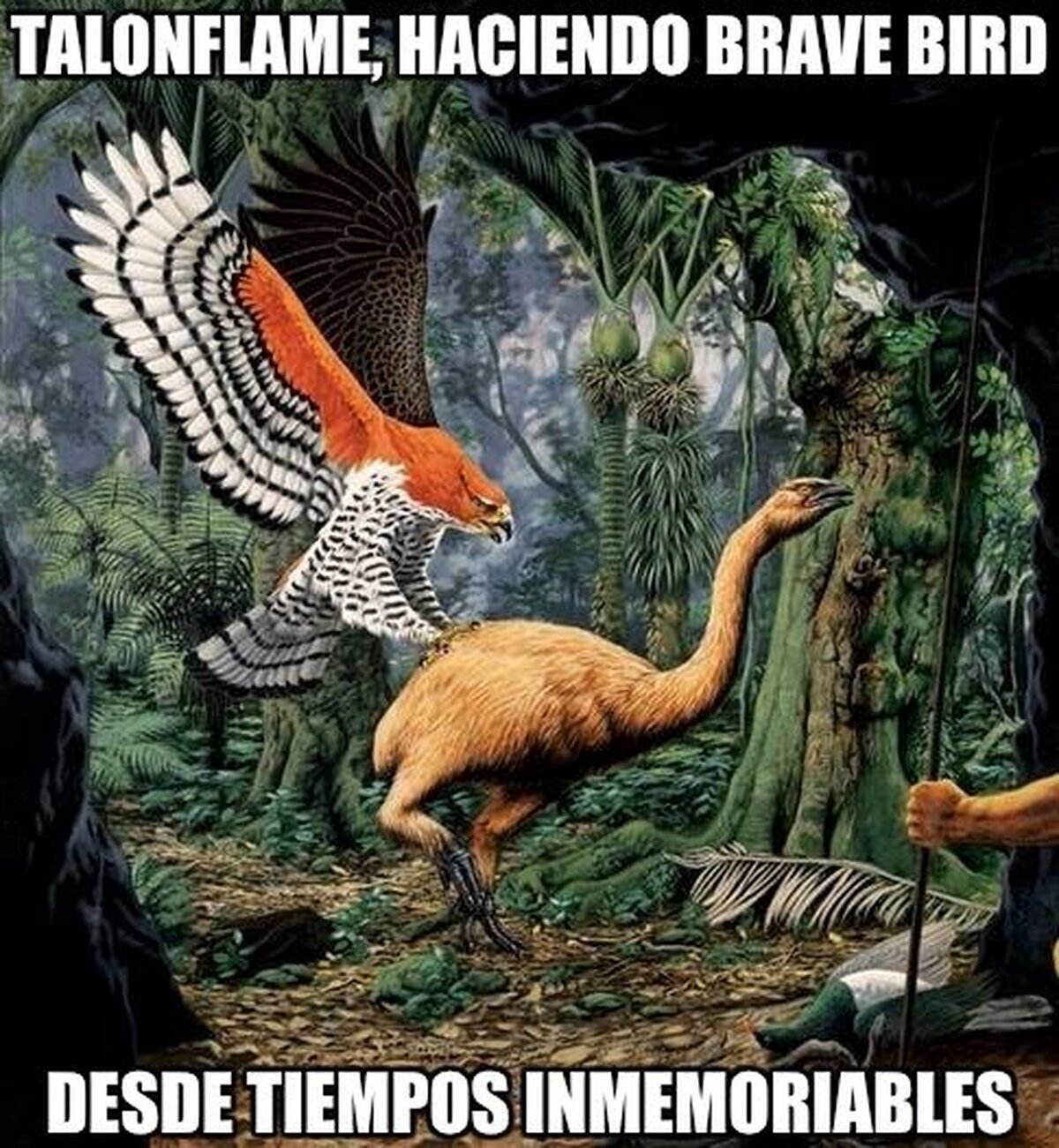 Talonflame Prehistórico haciendo Brave Bird a un Doduo sin una cabeza.