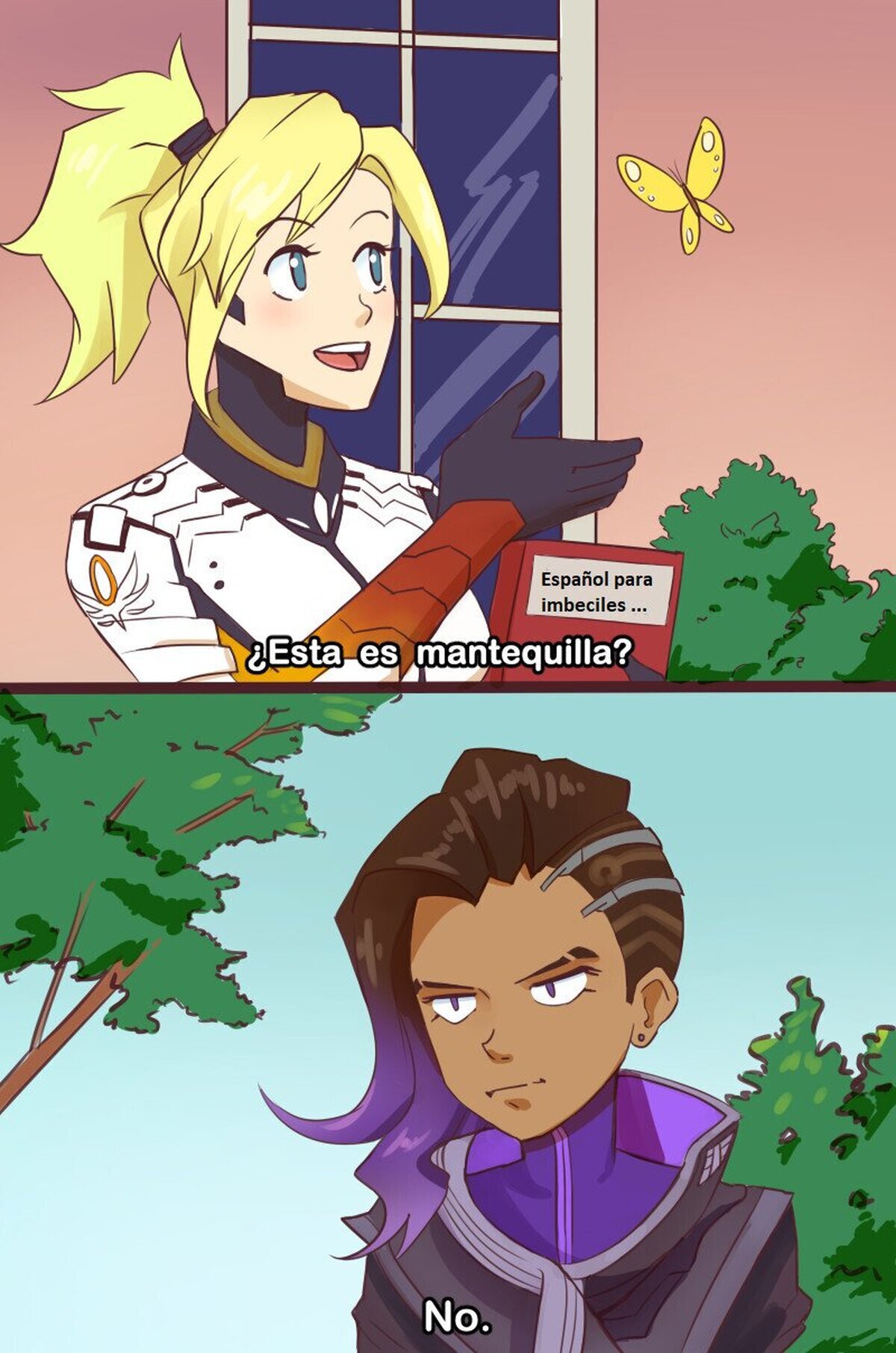 Y alli va la ultima esperanza de enseñarle español a Mercy, por faintsayu