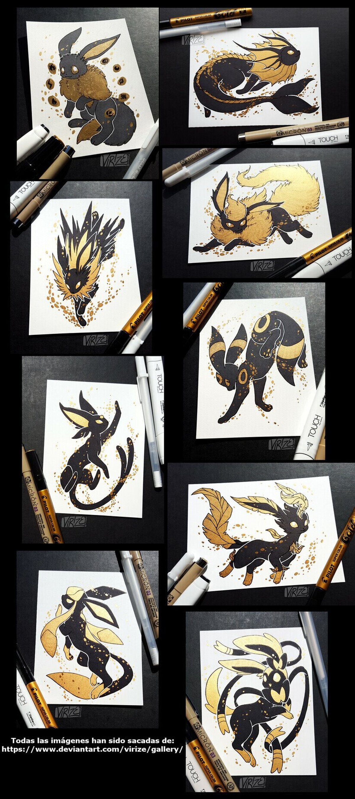 Eeveevoluciones en bicolor negro-dorado. Por Virize