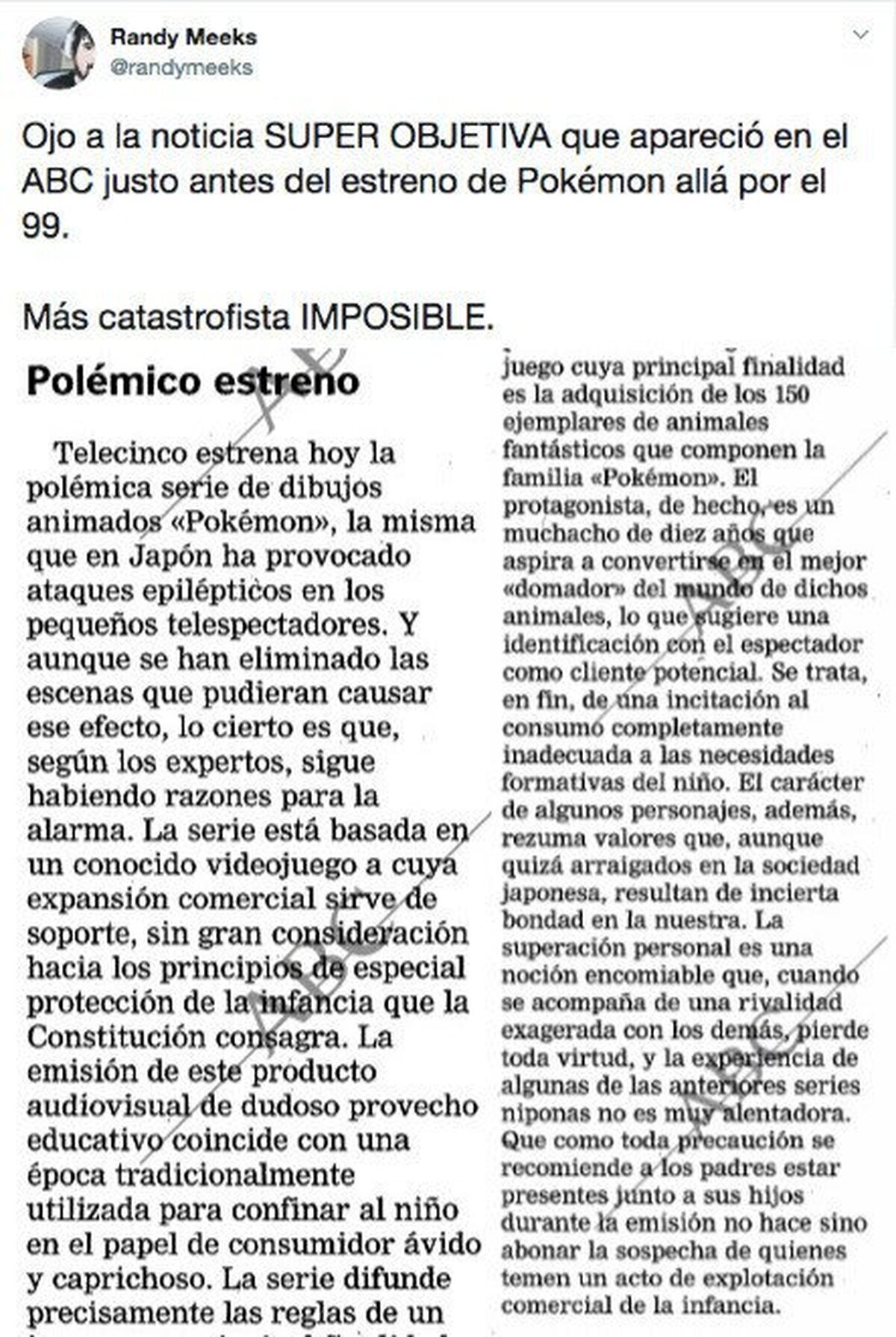 Para flipar la noticia que salió en el ABC cuando se estrenó Pokémon a final de los 90