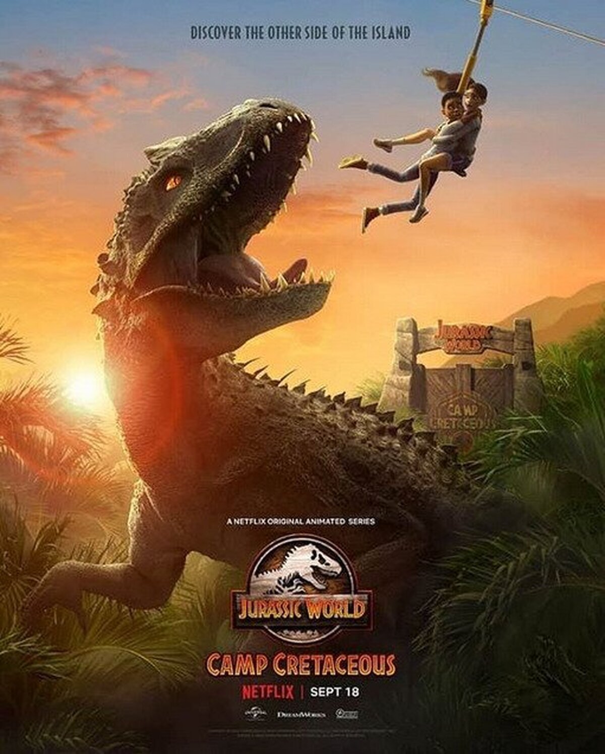 Nuevo póster de #CampCretaceous, la nueva serie animada de #Netflix que estará ambientada durante los sucesos de la primera entrega de Jurassic World