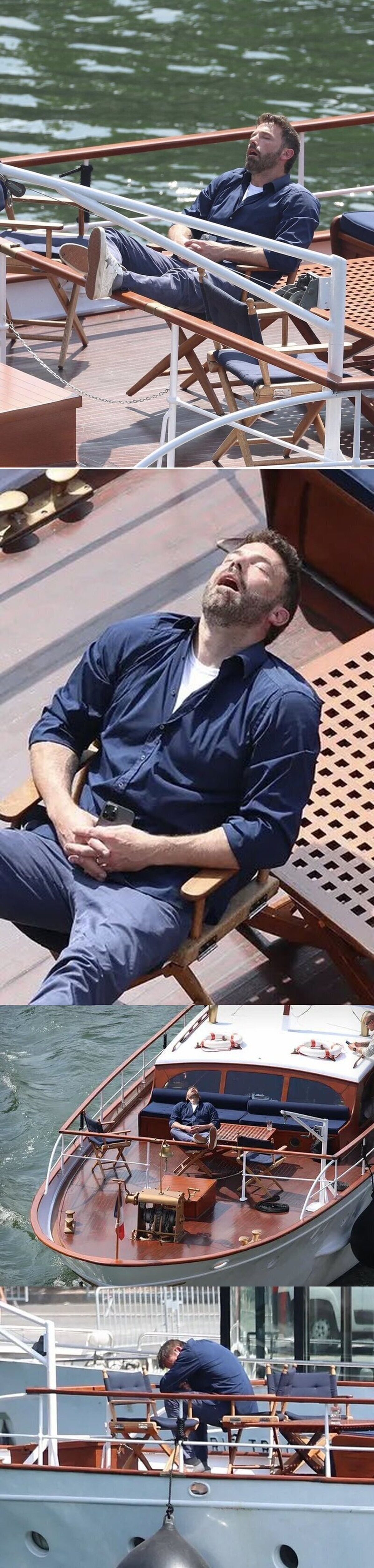 Ben Affleck quedándose dormido en un bote por el río Sena de Paris en plena luna de miel con JLo.  