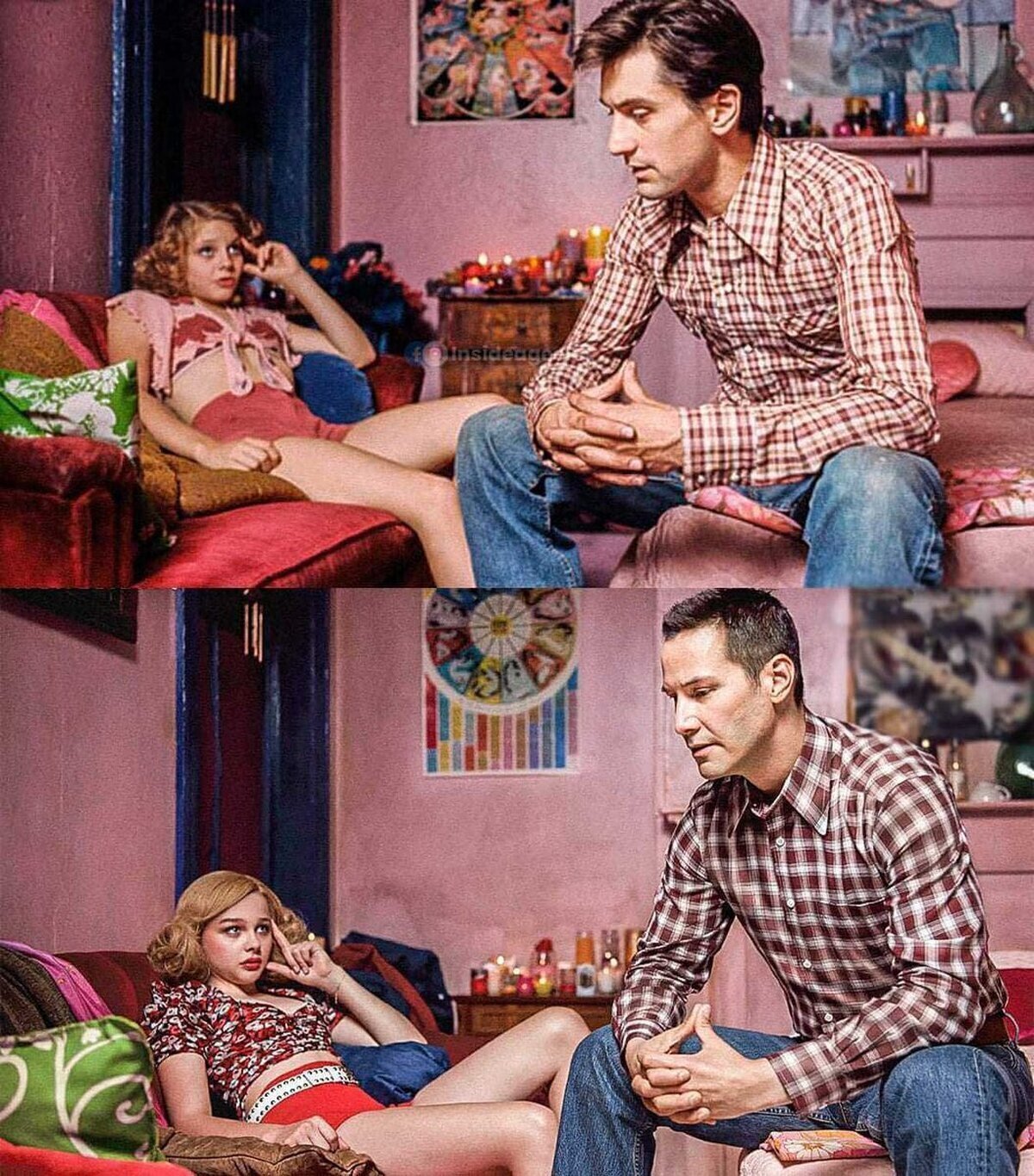 Keanu Reeves y Chloë Grace Moretz recreando una de las famosas escenas de “Taxi driver”
