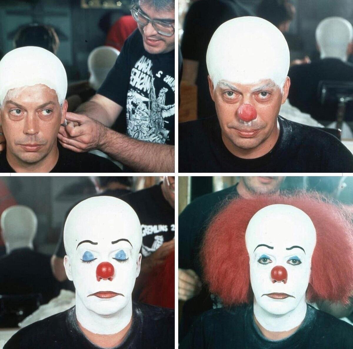 Tim Curry maquillándose para su papel en IT, la miniserie de Stephen King's de los 90'