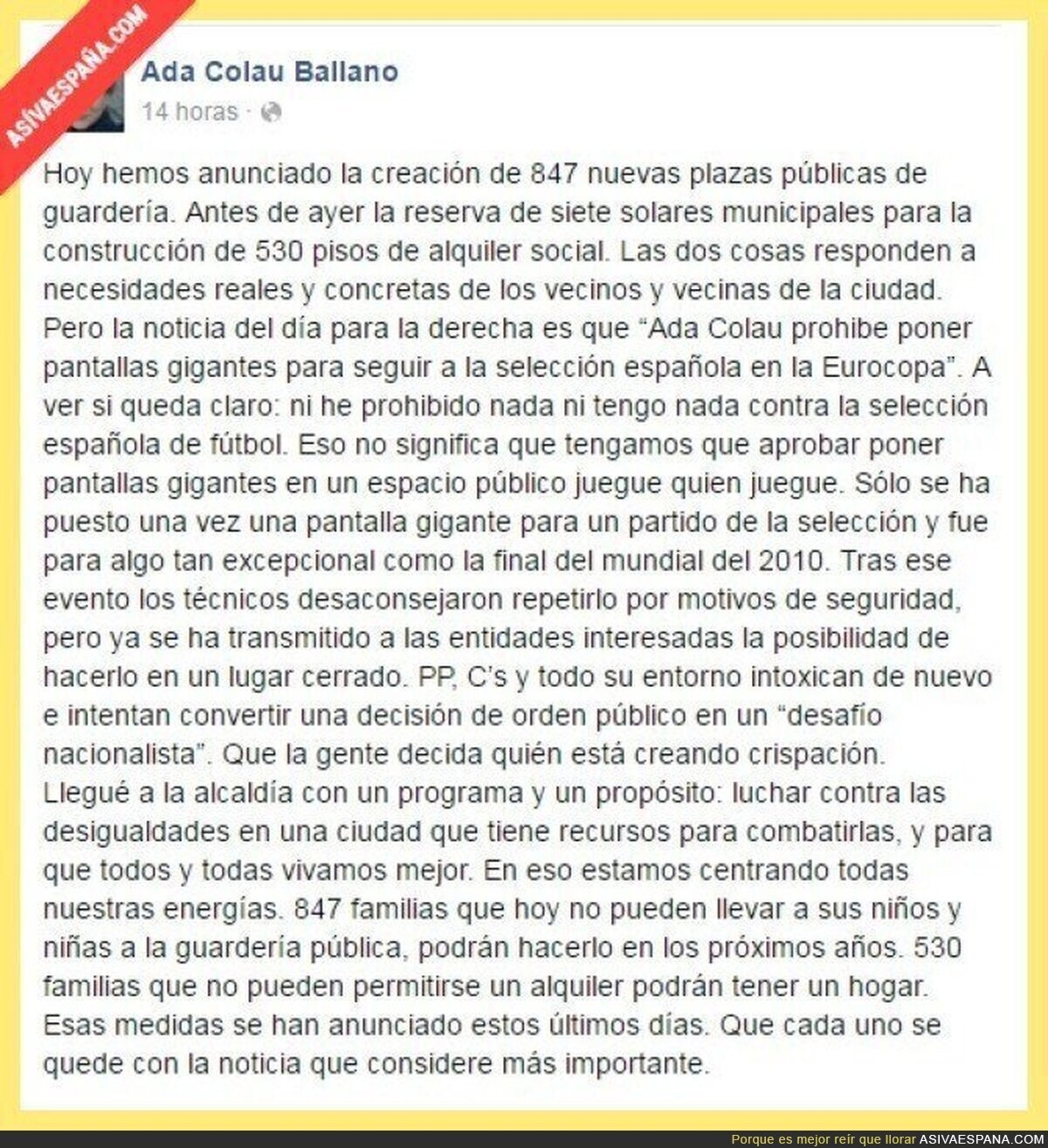 Ada Colau responde a la polémica del fútbol en Barcelona