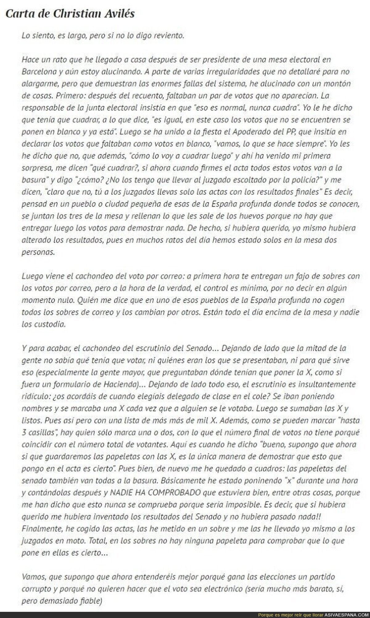 Carta del presidente de una mesa electoral. Vas a alucinar con el relato