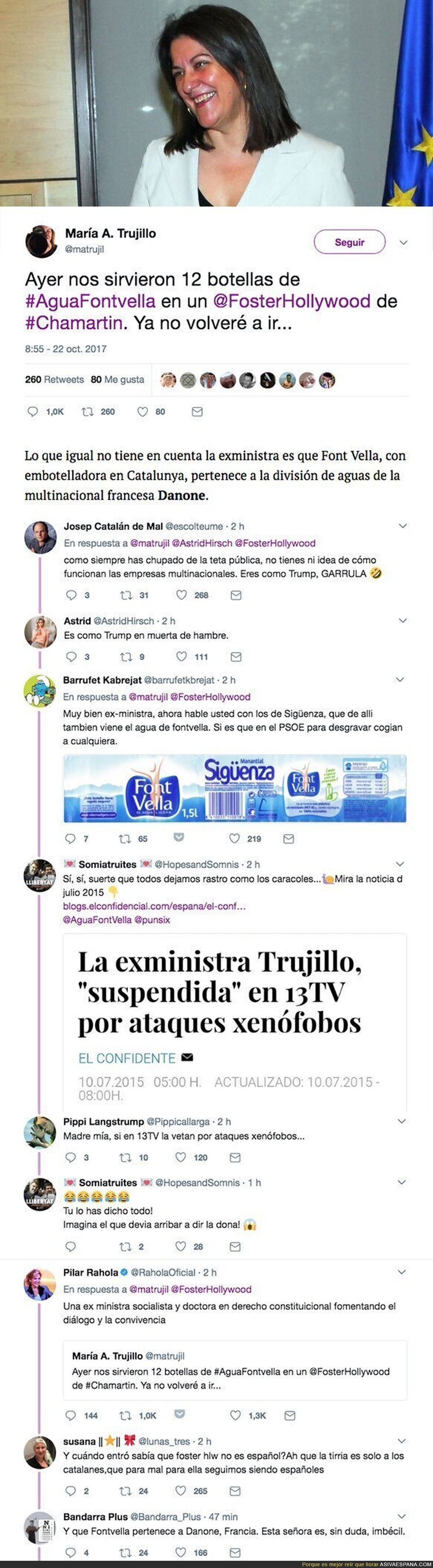 La exministra Trujillo de Zapatero no volverá a este restaurante porque sirve agua Font Vella