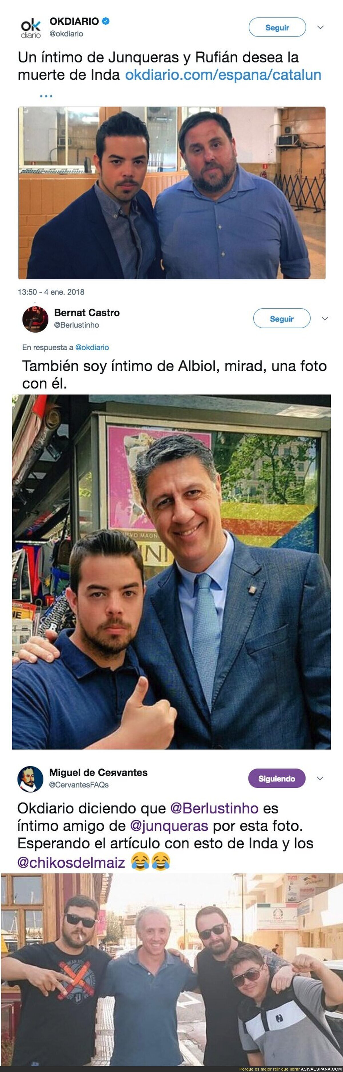 Eduardo Inda llama 'íntimo' de Junqueras a Berlustinho por una foto y se la devuelven con la misma moneda