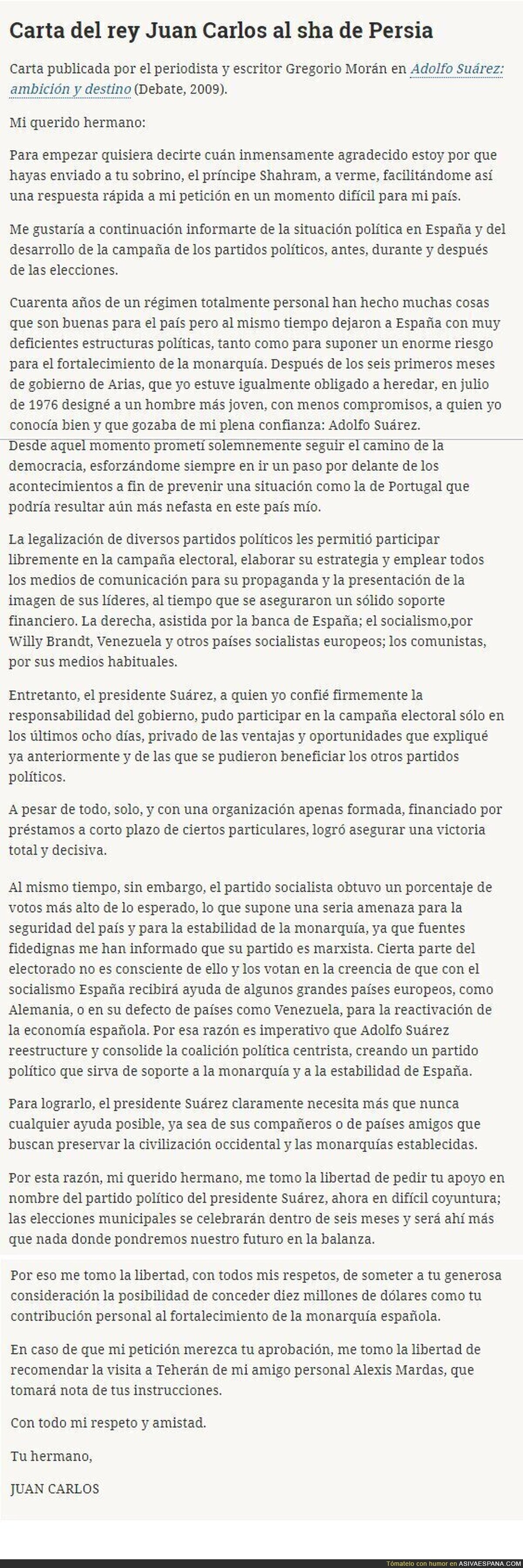 Carta del Rey en 1979 a dictador árabe pidiendo dinero para evitar la expansión de la Revolución de los Claveles