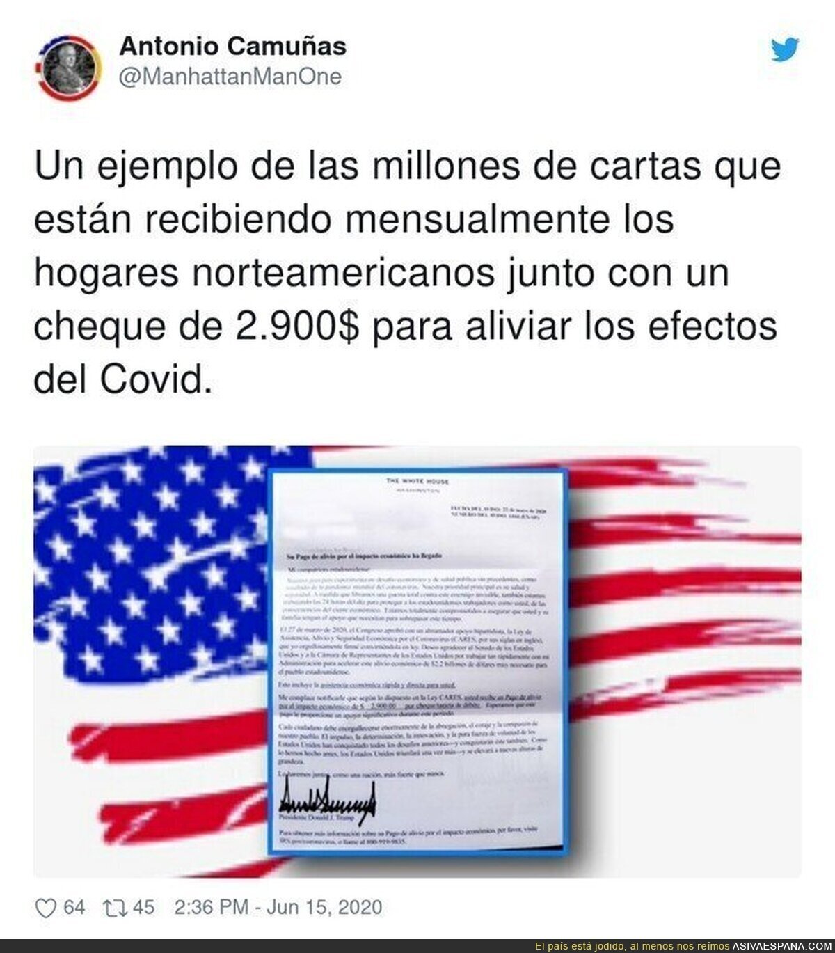 El cheque que están recibiendo los norteamericanos para combatir al covid19