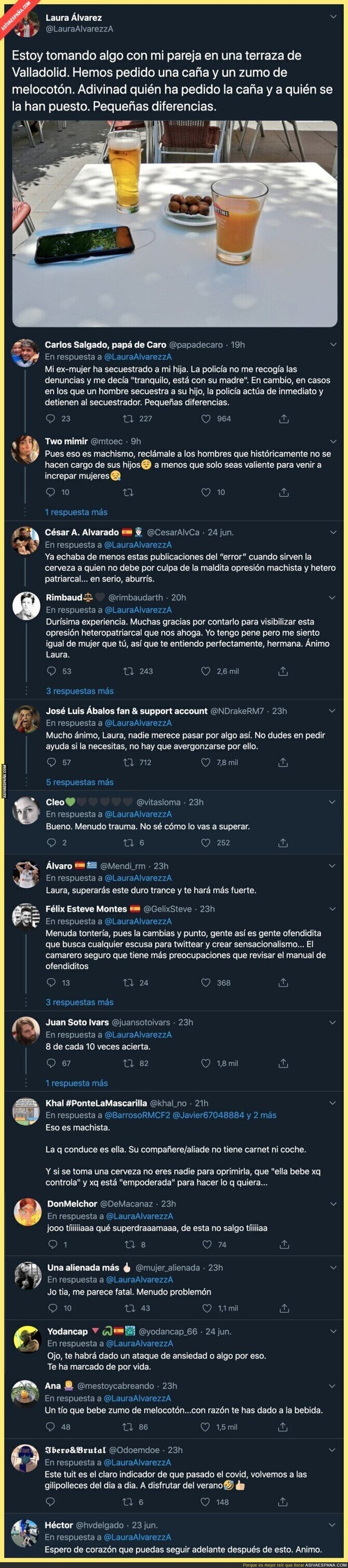 El drama machista que ha tenido que vivir esta mujer en un bar tras pedir una cerveza y su novio un zumo de melocotón con el que todo Twitter se ha unido para trolearla