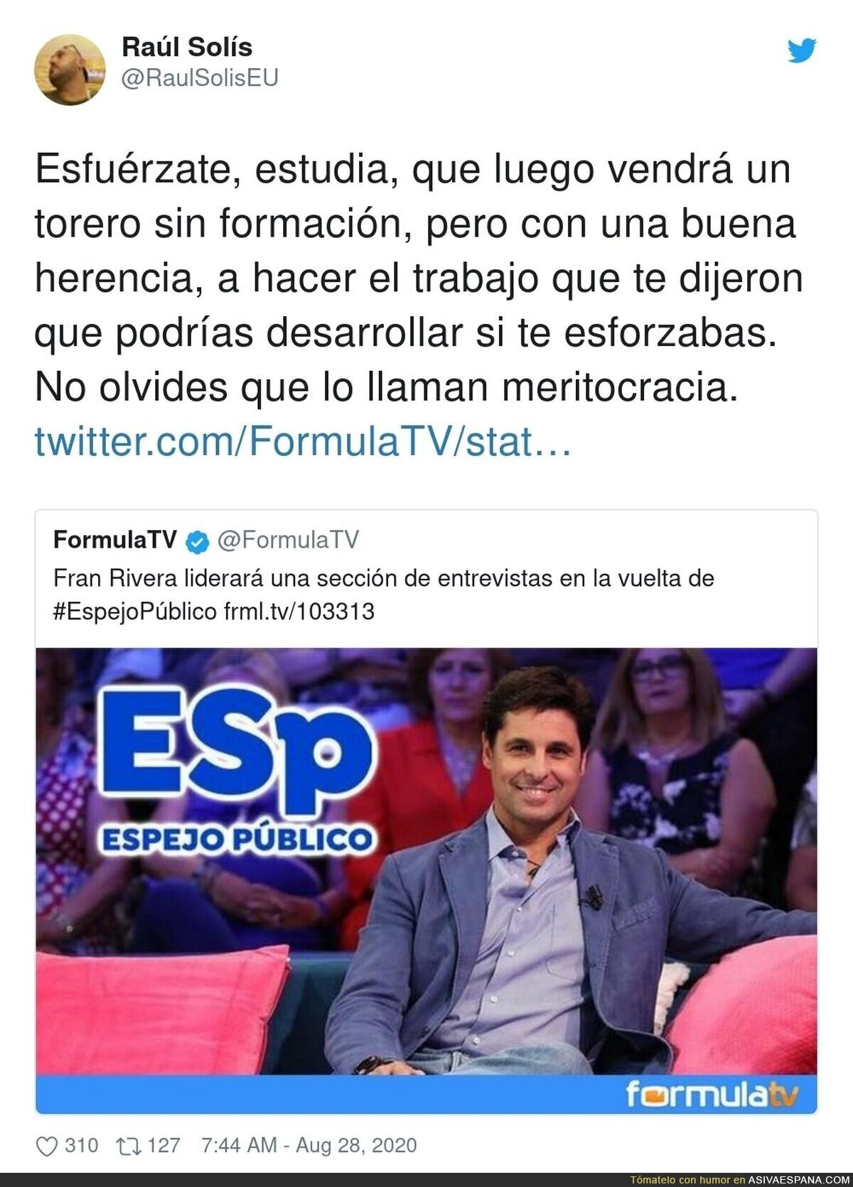 Mucho ánimo a la gente que se pasa trabajando 4 años periodismo para que al final el puesto lo coja un torero