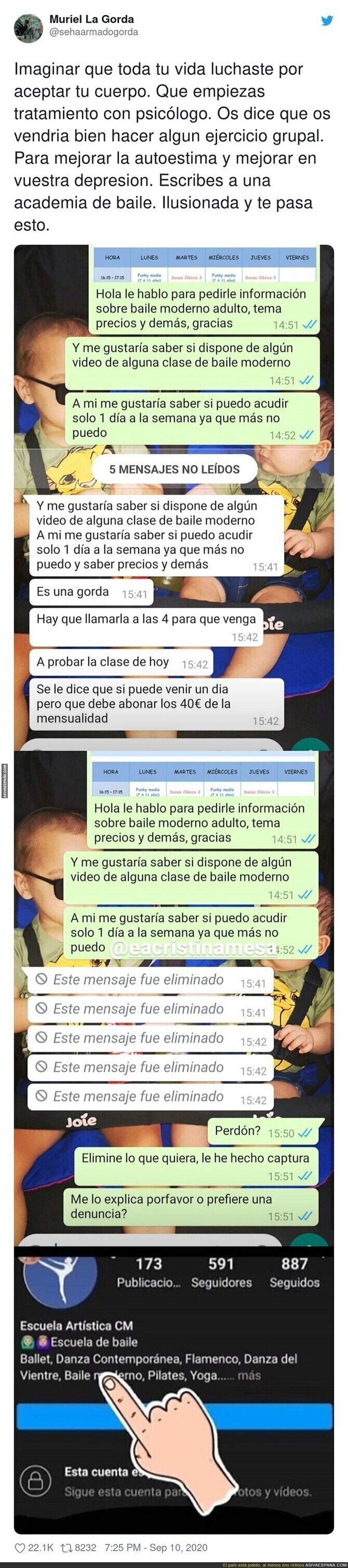 Los denigrantes mensajes de esta escuela artística de danza a una persona interesada en acudir a sus clases