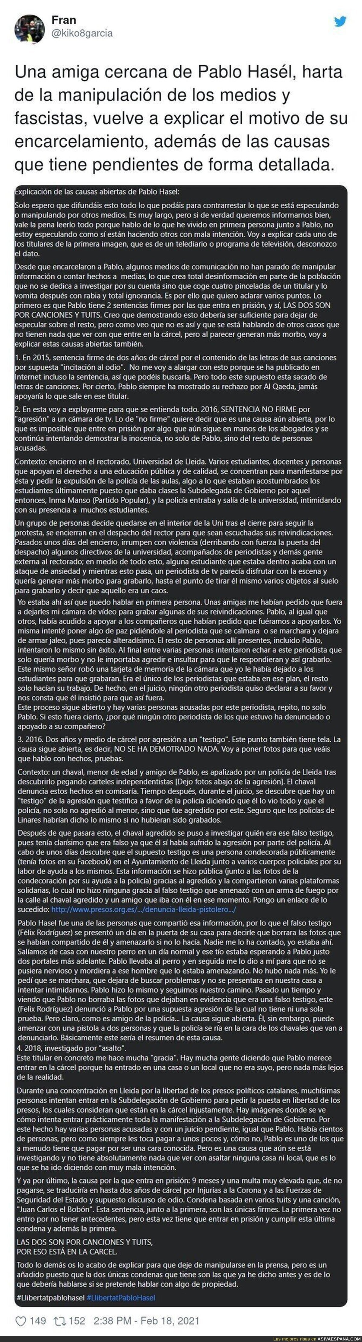 Una amiga de Pablo Hasel se pronuncia sobre su encarcelamiento y merece la pena ser leída