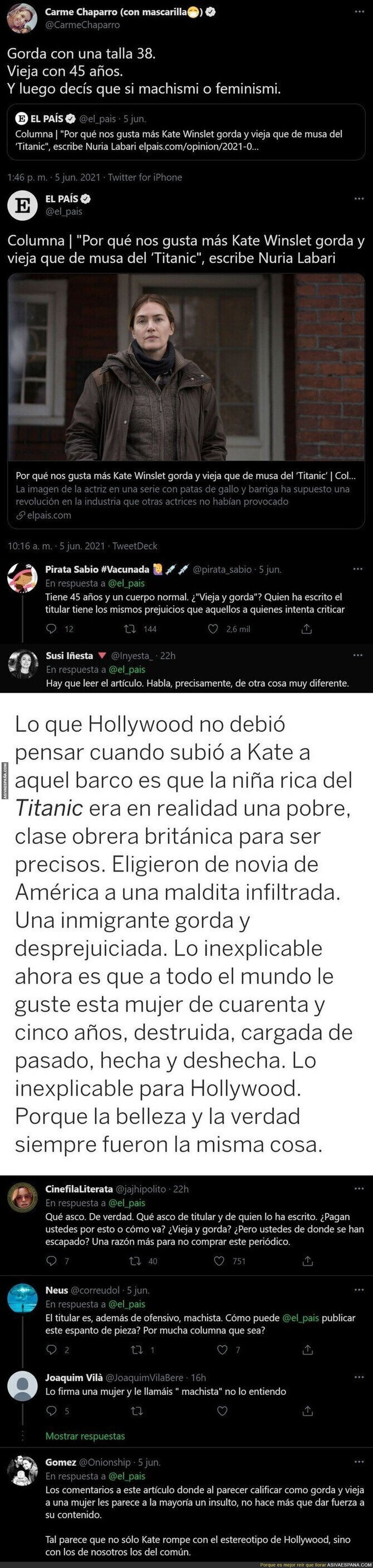 Fuertes críticas al diario 'El País' por este titular sobre el físico de Kate Winslet