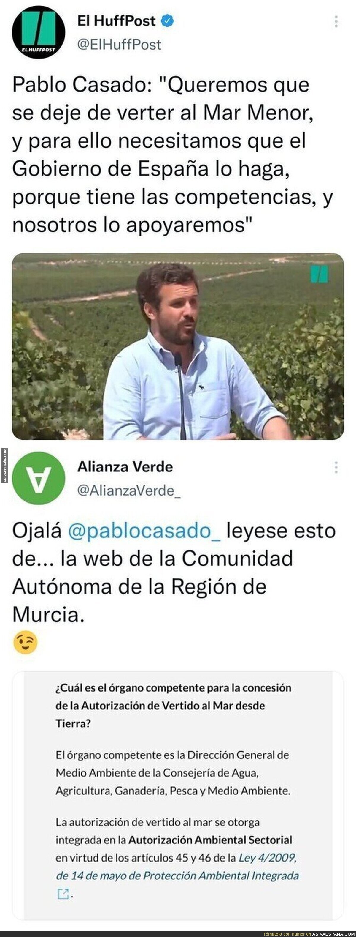 Pablo Casado pide a Pedro Sánchez que haga algo con el Mar Menor pero se nota que no sabe mucho de política por este gran detalle