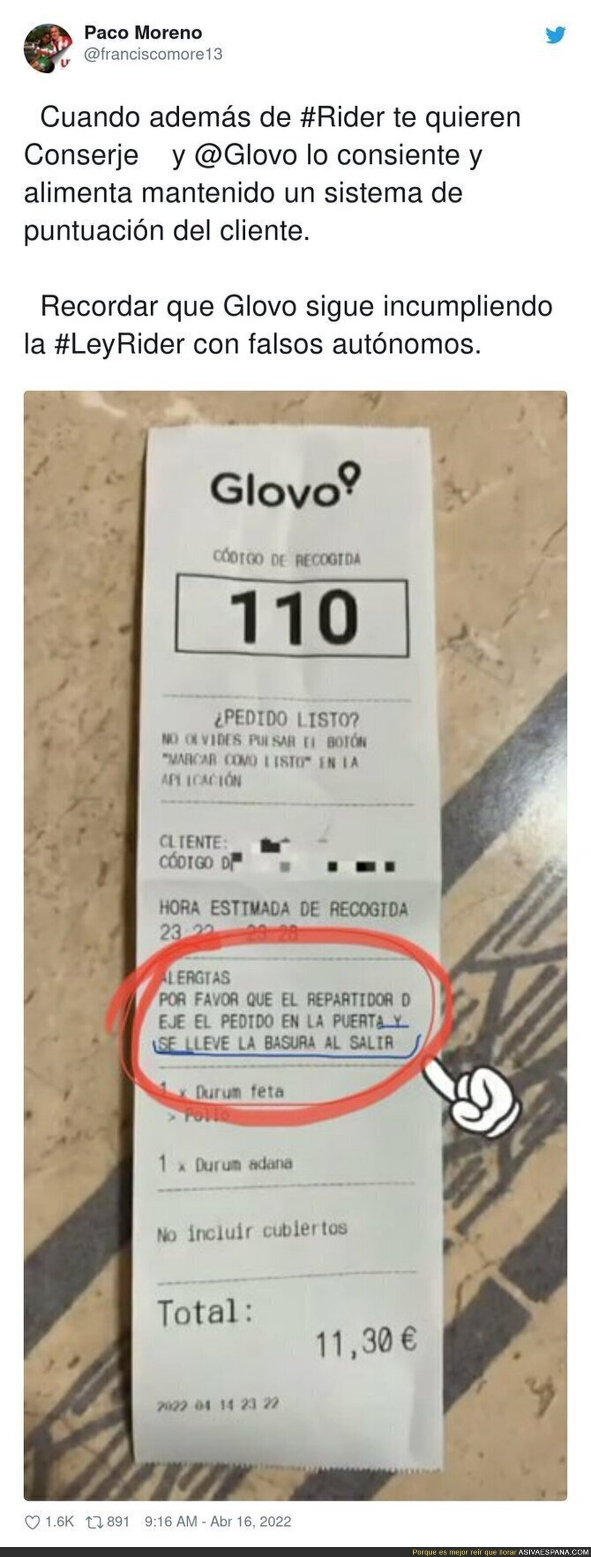 Atención al mensaje que le dejaron a este repartidor de Glovo que está ofendiendo a mucha gente