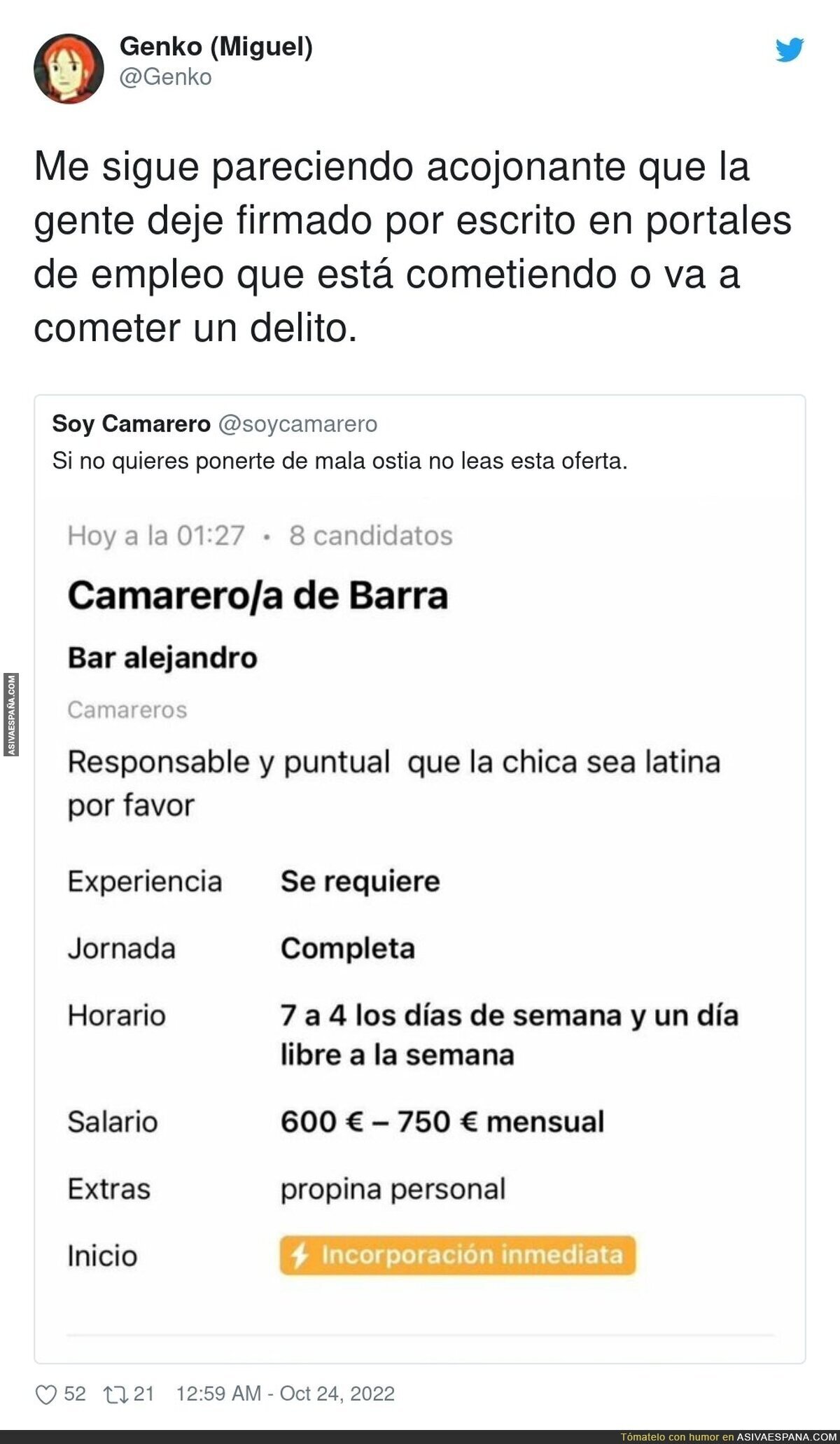 La polémica oferta de trabajo en este portal de trabajo que es totalmente ilegal