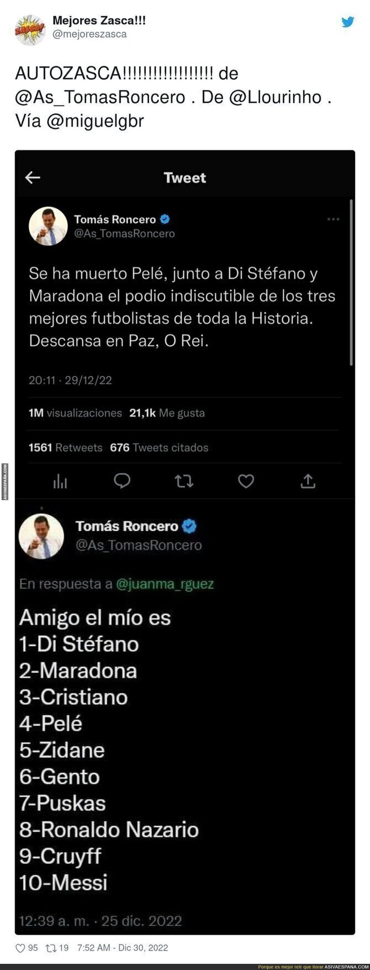 Tomás Roncero coloca a Pelé por encima de Cristiano tras morir, por @llourinho