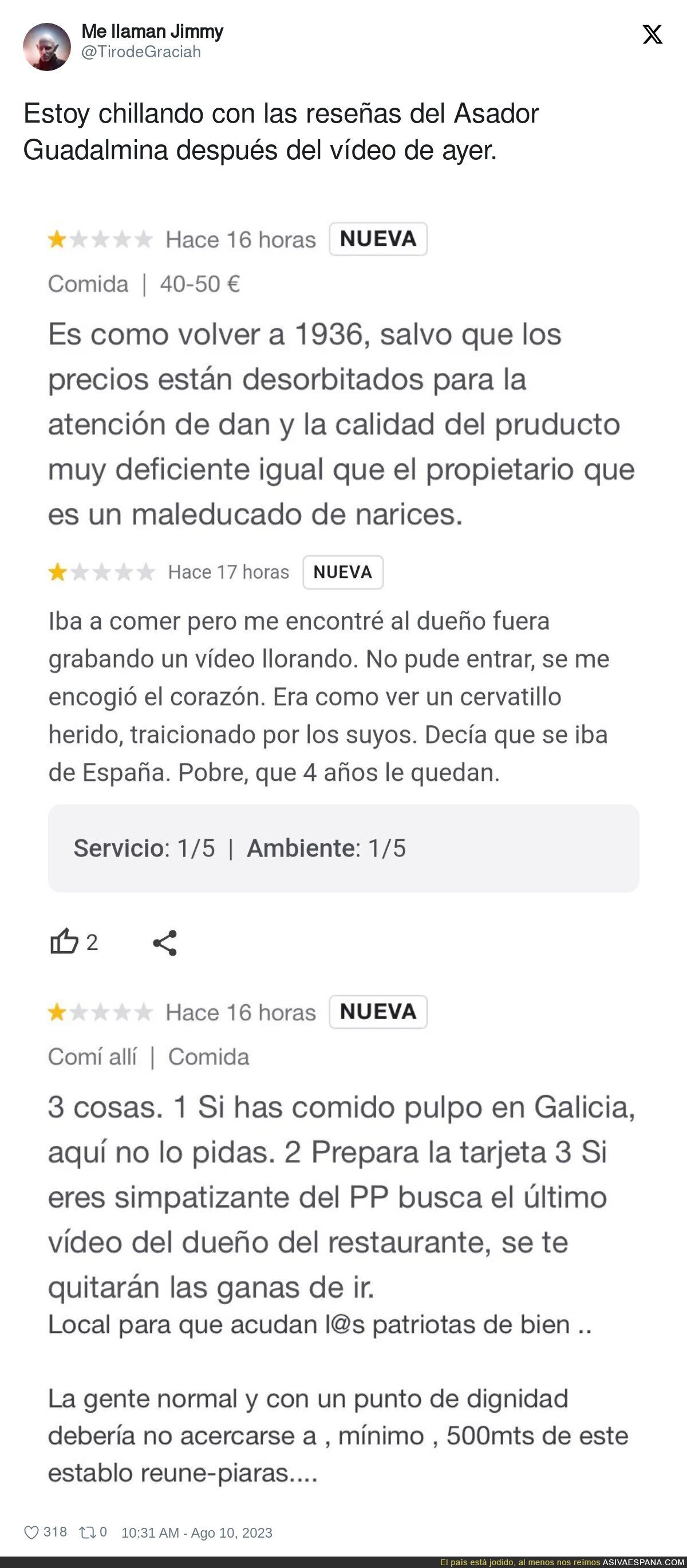 Estoy llorando con las reseñas del Asador Guadalmina después del vídeo del dueño