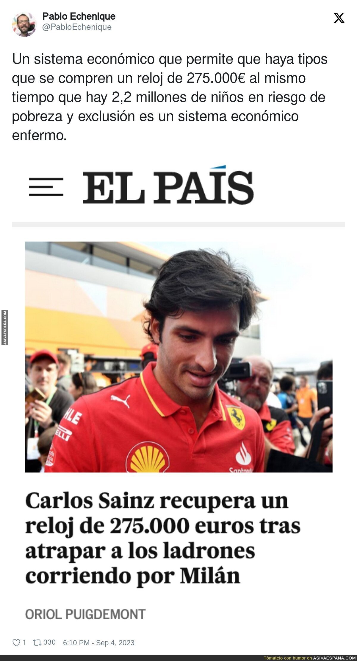 El polémico mensaje de Echenique sobre el reloj robado a Carlos Sainz