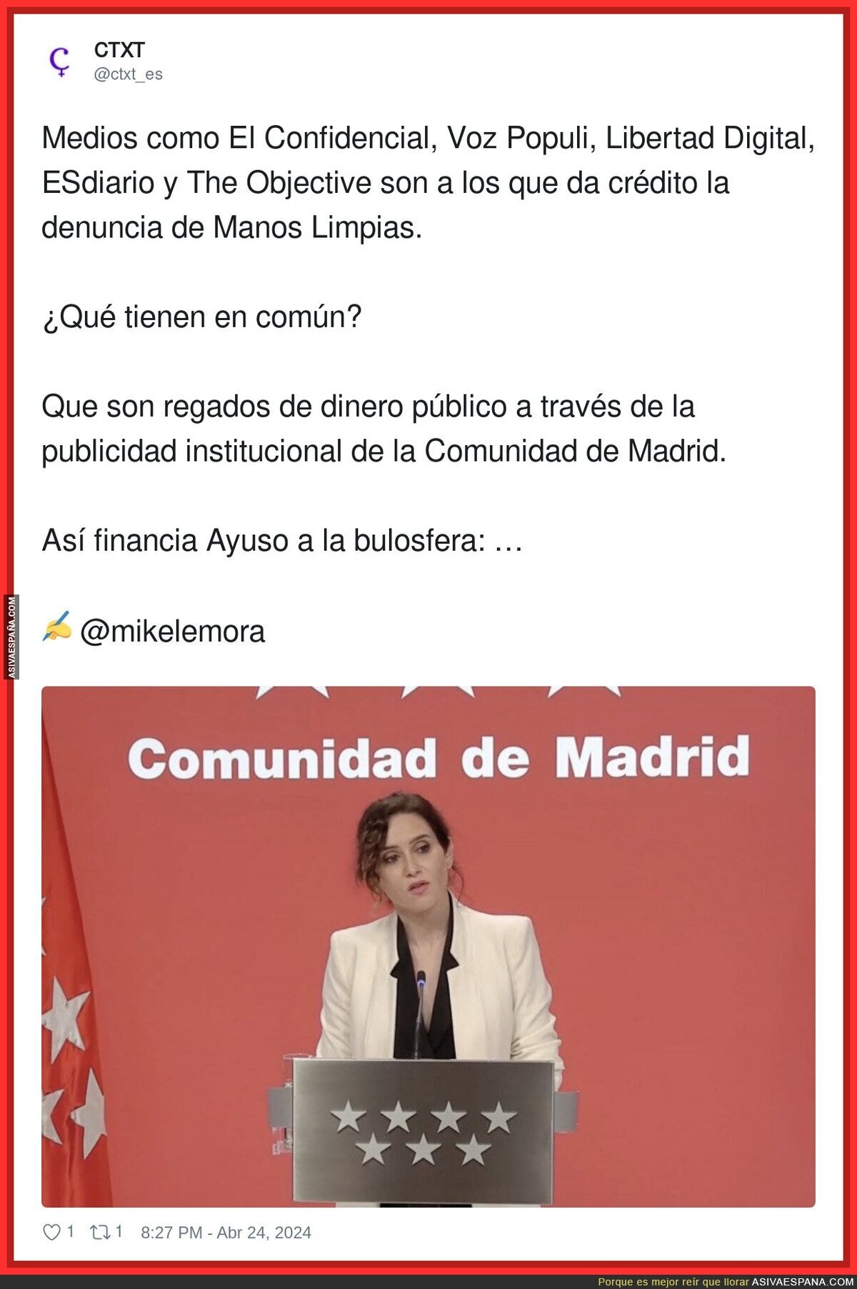 Ayuso es cómplice del acoso a la esposa de Pedro Sánchez