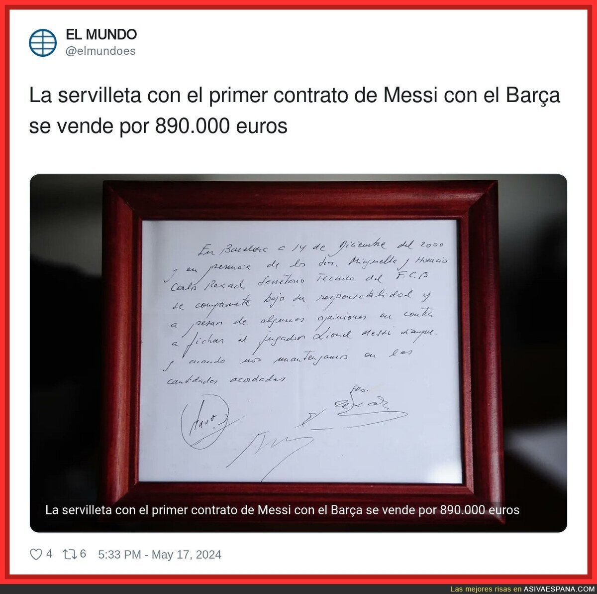 El brutal valor de la servilleta del primer contrato de Messi con enl Barça