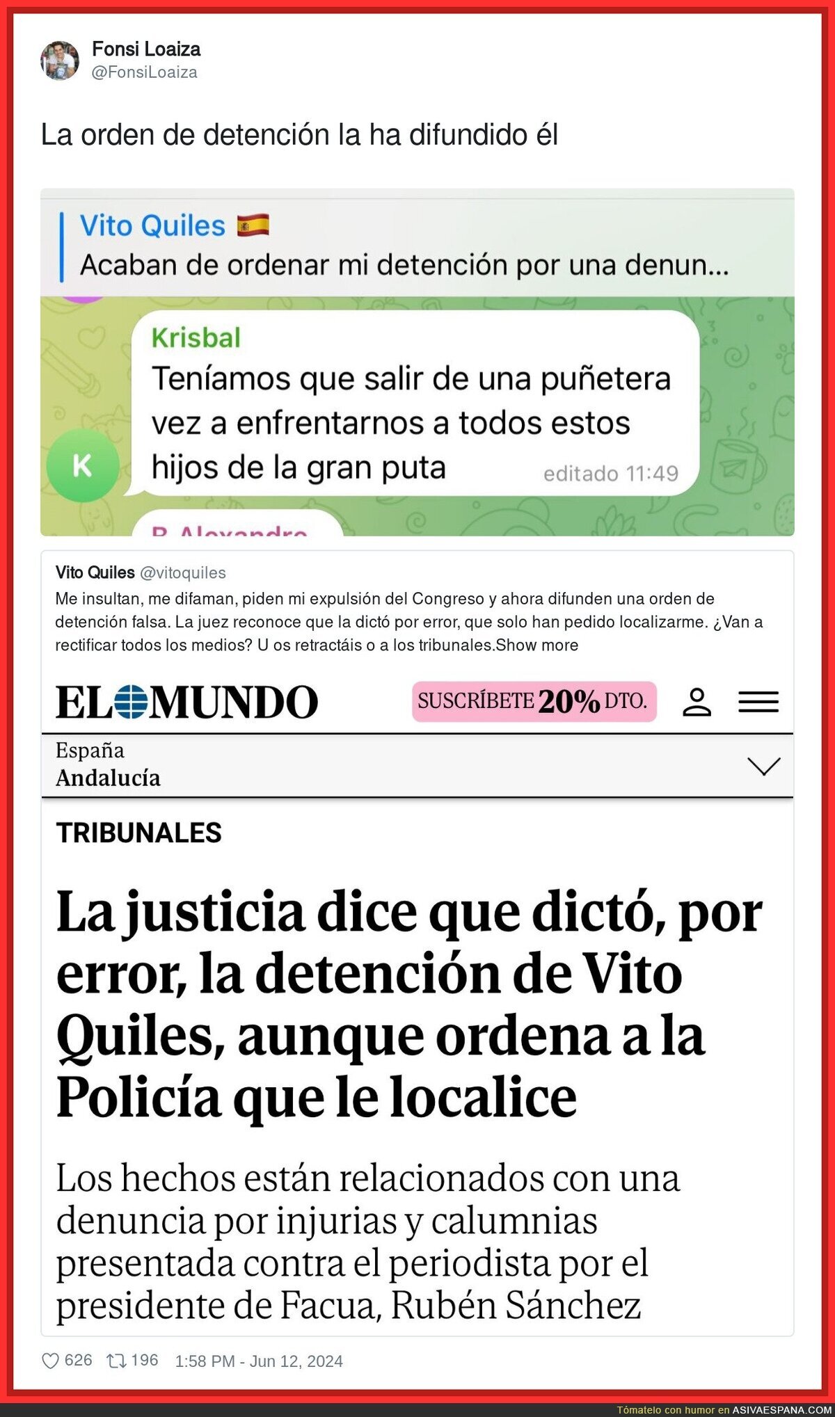 Vito Quiles difunde una orden de detención hacia él mismo