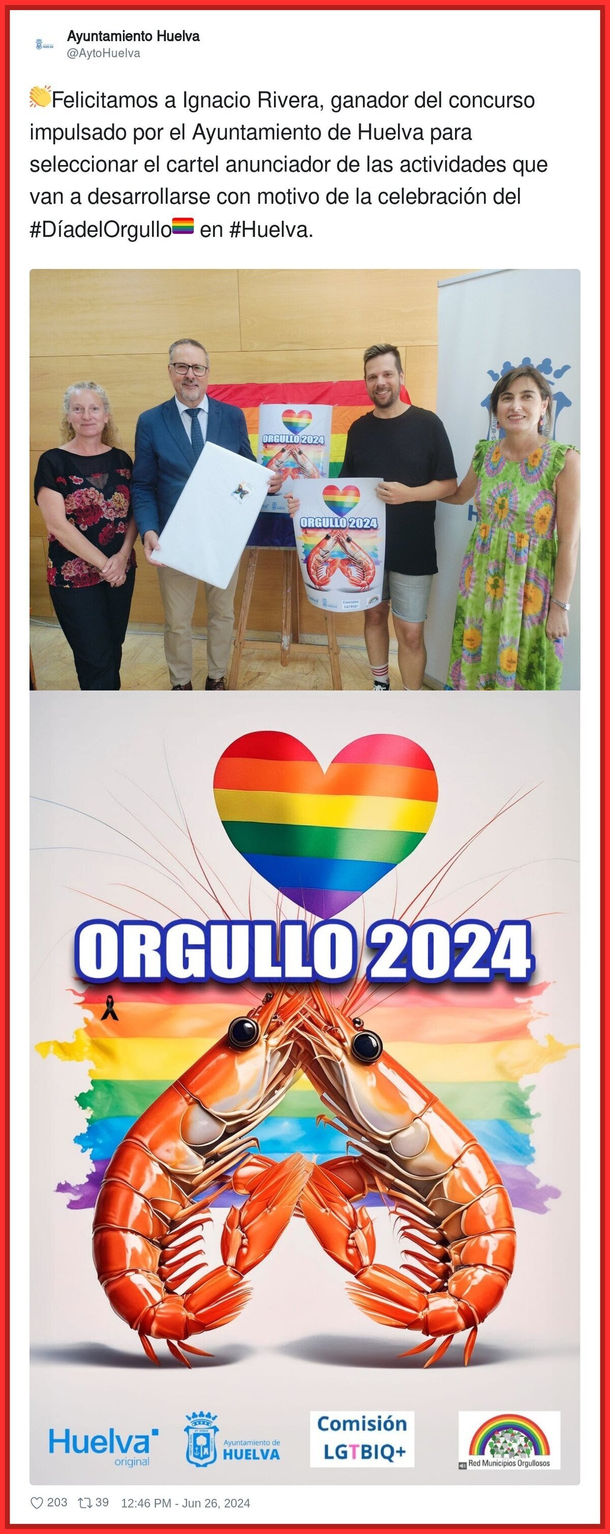 Polémica por el cartel del Orgullo 2024 de Huelva con unas gambas