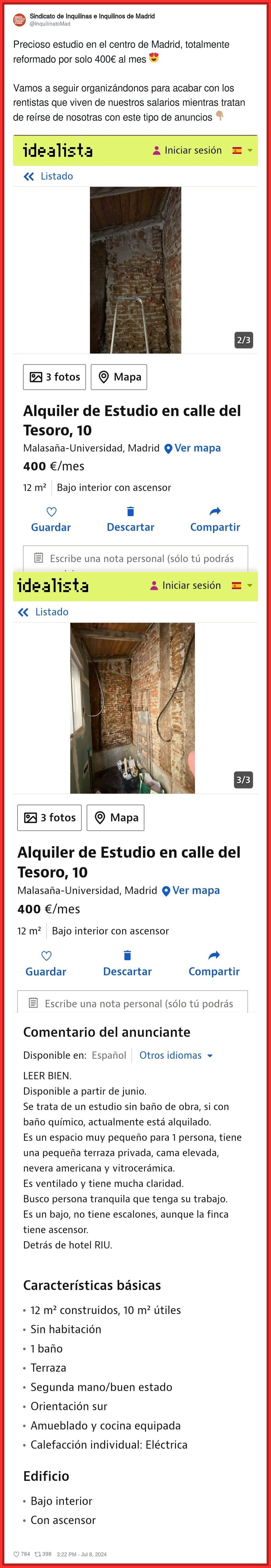 Por este precio denunciable se alquila un estudio de 12m2 en Madrid