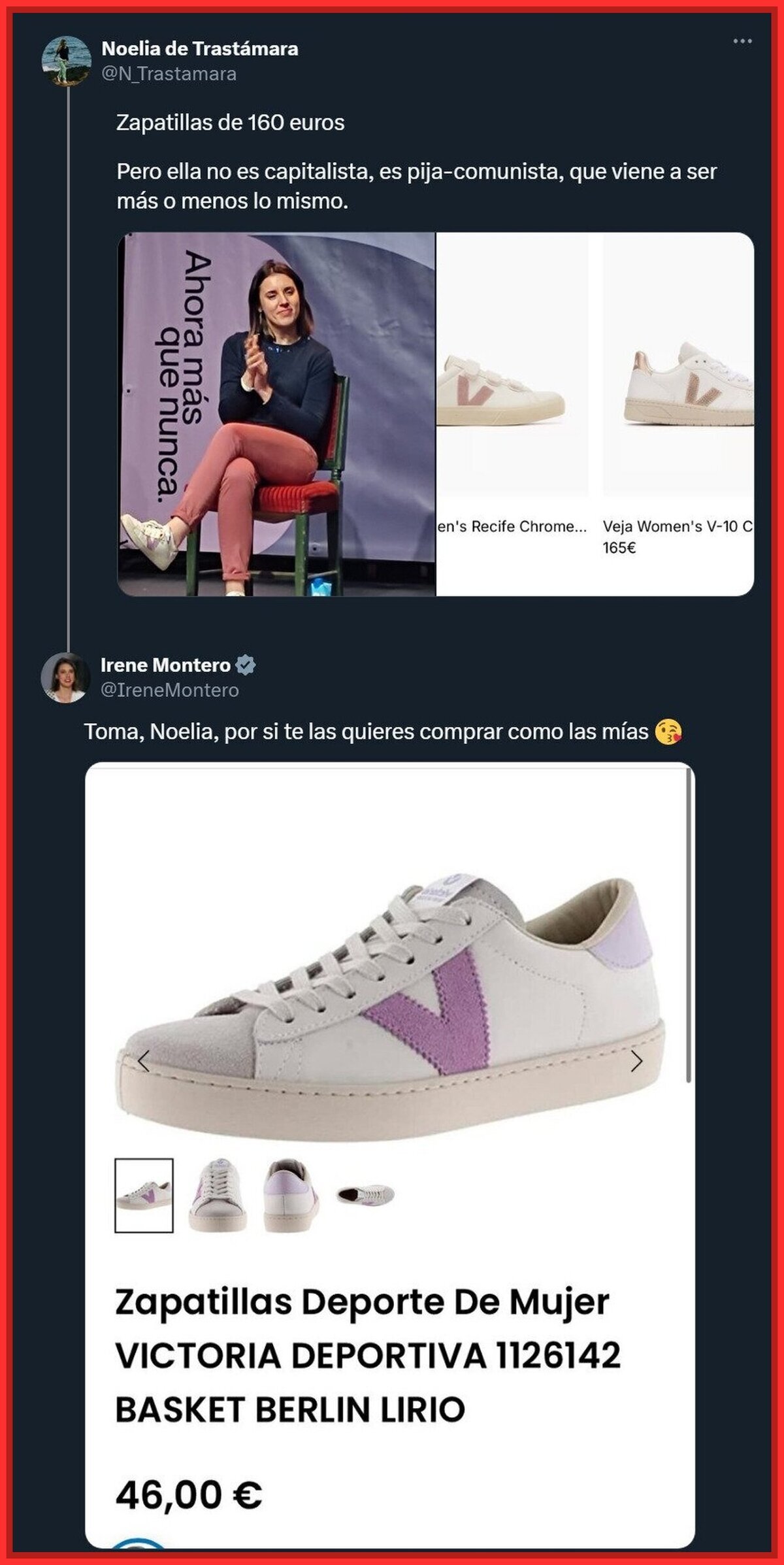 Irene Montero responde a una persona que la acusa de haberse gastado 160 euros en unas zapatillas